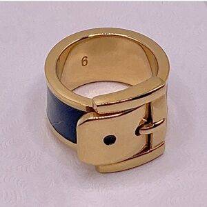 MICHAEL KORS Gold Tone Blue Enamel Buckle Ring Size 6